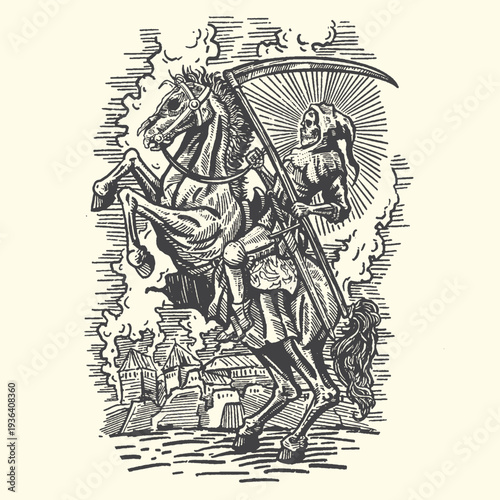 Vintage vector illustration graphic design of the grim reaper riding a powerful rearing horse carrying a scythe, symbolizing death and destruction with an old castle.