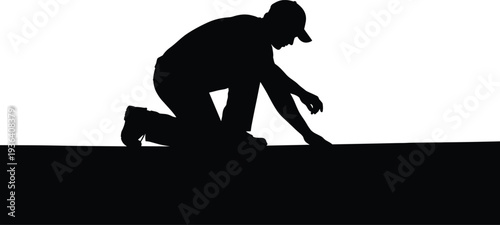 Black silhouette of a professional roofer contractor installing roofing material on a flat roof isolated on white background for construction,