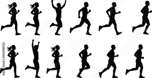 Set of black silhouettes of men and women running, jogging, and celebrating victory isolated on white background for fitness design,