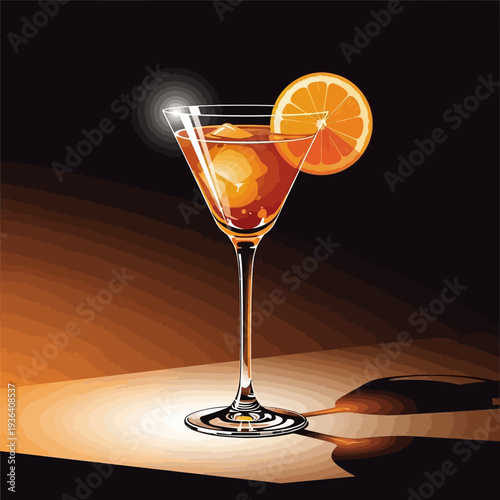 Elegant cocktail with orange slice and ice, illuminated by warm light.