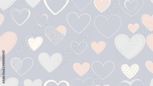 Soft pastel colored hearts in shades of white and pink are scattered across a grey background in a charming and romantic seamless pattern design.
