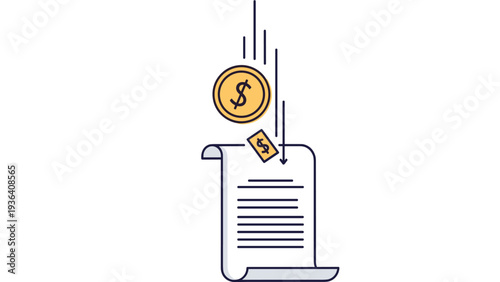 Financial document is shown with gold coins and a dollar bill falling onto it representing savings, investment, billing, or monetary gain.