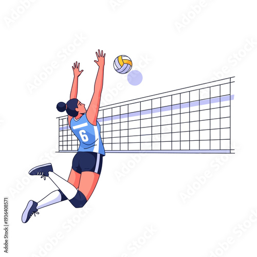 Female volleyball player jumping to spike ball over net, athletic action illustration