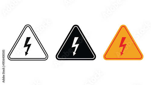 Three warning signs with lightning bolts on a white background
