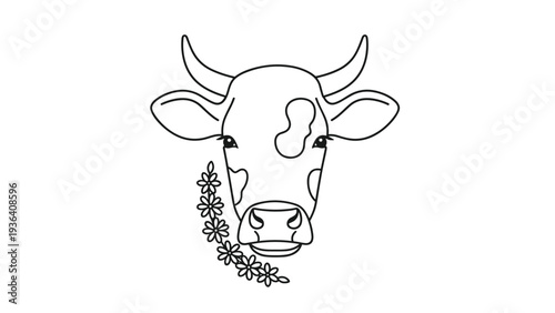 Simple line art drawing of a cow face features a small garland of flowers under one ear creating a cute and rustic farmhouse style illustration.
