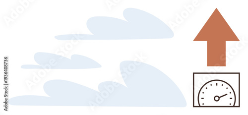 Business growth, performance improvement, efficiency optimization, progress tracking, rapid development, energy flow. Rising red arrow, clouds and speedometer. Business growth and performance