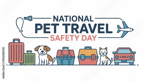 National pet travel safety day illustration with luggage dog cat and airplane promoting pet friendly transportation
