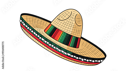 Traditional Mexican straw sombrero hat with a colorful striped band and decorative trim for festive celebrations.