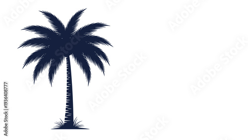 Dark blue silhouette of a single tall palm tree with long fronds isolated on a clean white background for a tropical feel.