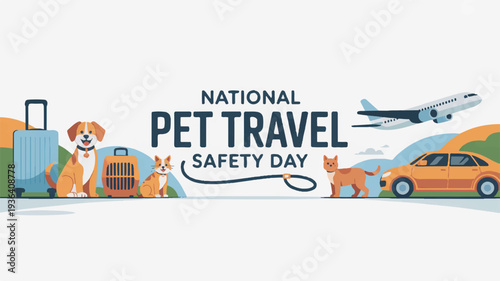 National pet travel safety day illustration with dogs luggage and transportation