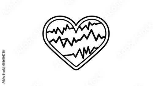 Black and white line art illustration shows a heart shape filled with rhythmic heartbeat or EKG lines representing health, pulse, and life force.