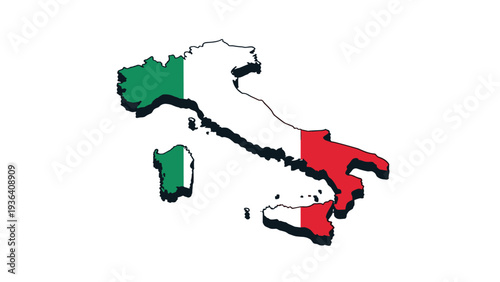 Map of Italy in three dimensions with national green white and red flag colors on white background for travel or geography.