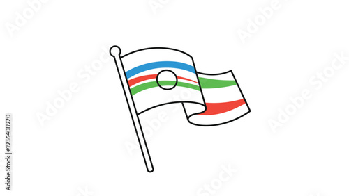 Waving flag of Bashkortostan on a pole with blue white and green stripes and a central symbol for national identity.