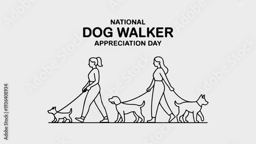 National dog walker appreciation day illustration with people walking dogs in simple line art style