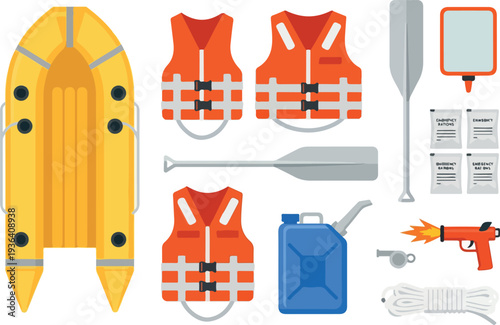Assorted water sports equipment including raft, life jackets, paddles, and safety gear arranged neatly on a flat surface.
