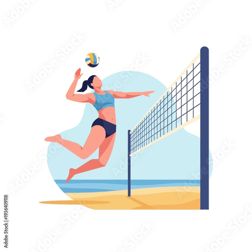 Woman playing beach volleyball, jumping to spike the ball over the net