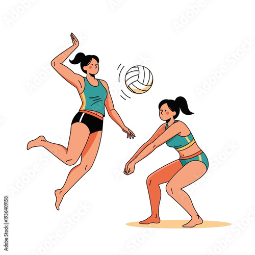 Women playing beach volleyball, one jumping to spike, the other in defense