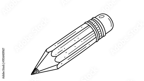 Black and white line drawing of a thick pencil with an eraser at the end isolated on a clean white background for school or art.