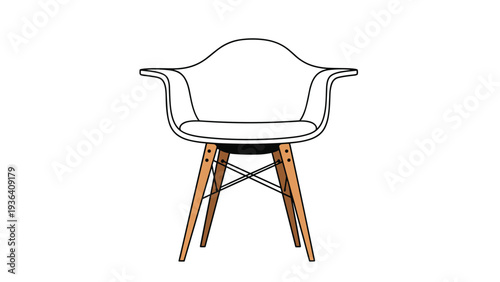 Contemporary white armchair with a sleek design and wooden legs featuring black metal reinforcements on white background.