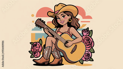 Woman in cowboy hat playing acoustic guitar with roses and sunset background