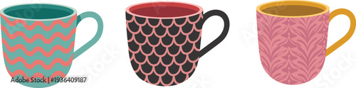 Hand drawn colorful ceramic coffee mug vector set with various decorative patterns for kitchen and home cafe