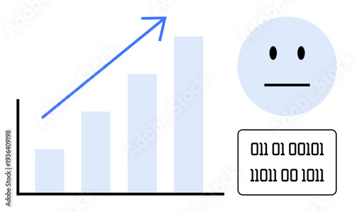 Business growth, data science, analytics, artificial intelligence, performance tracking, technological progress. Bar graph with upward trend, binary code and neutral face. Data science and analytics