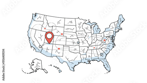 Map of the united states of america with various location pins and route lines on a white and blue background.