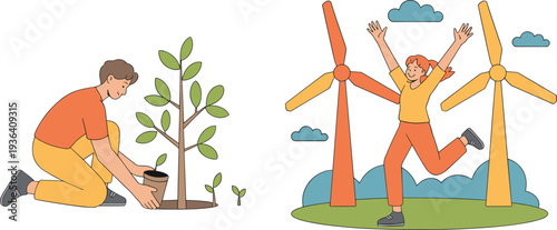 Sustainable lifestyle and renewable energy concept illustration with man planting tree and woman celebrating near wind turbines eco friendly future theme