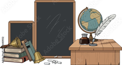 A wooden desk with a globe and school supplies in a classroom setting viewed from the front