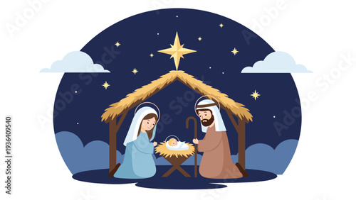 Nativity scene illustration with mary joseph and baby jesus in a manger under a bright star in the dark night sky for christmas.