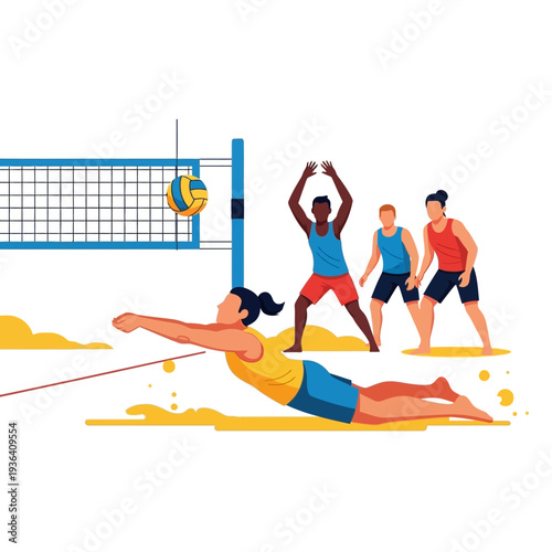 Beach Volleyball Game: Players Diving and Spiking During Outdoor Summer Match