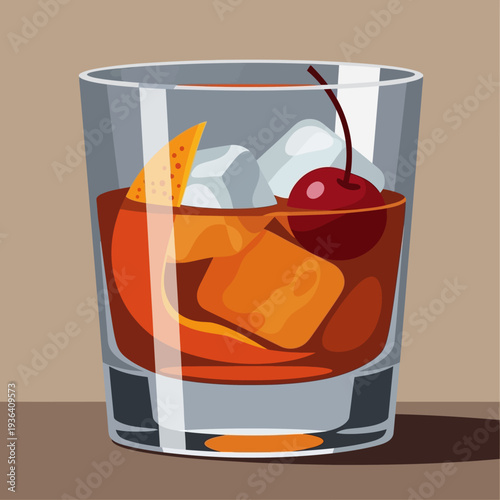 Old Fashioned Cocktail with Cherry and Orange Peel on Ice in Glass