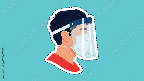 Side profile of a man wearing a surgical face mask and a transparent protective shield on a solid teal background.