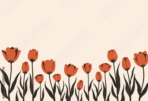 Vibrant Array of Blooming Tulips Stretching Against a Light Background Creating a Stunning Contrast in Vivid Shades of Orange and Red Blossoms