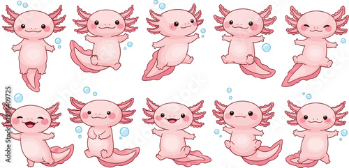 Cute Axolotl Cartoon Characters Set Pink Mexican Salamander Aquarium Amphibian Kawaii Vector Illustration Collection