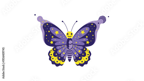 Symmetrical purple butterfly illustration with a decorative pattern of yellow stars and dots on its spread wings.