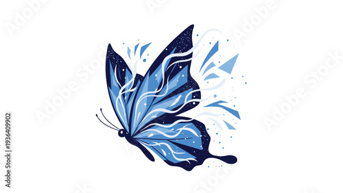 Beautiful blue butterfly appears to be breaking into small geometric fragments, creating a sense of transformation.