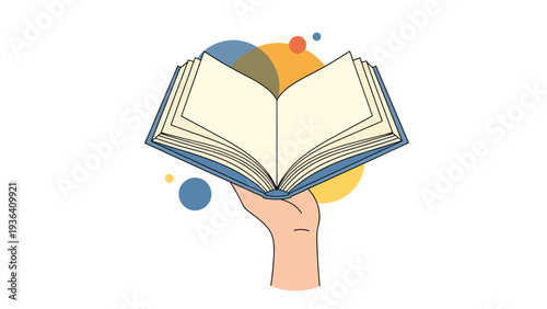 Human hand holds an open book against a background of colorful abstract circles, representing learning and ideas.