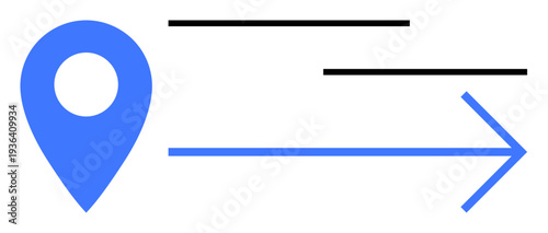 Delivery services, navigation, shipment tracking, location sharing, logistics, wayfinding. Blue location pin, arrow and lines movement and direction. Navigation and shipment tracking concept