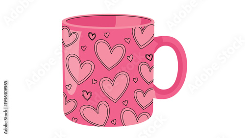Pink coffee mug decorated with many black and white heart patterns, ideal for Valentines Day or romantic themes.