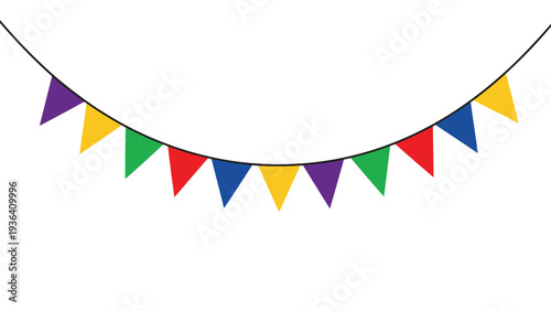 Festive string of colorful triangular bunting flags hanging against a white background for a party or celebration.