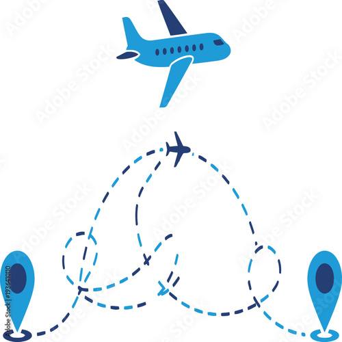A blue airplane flies along a dotted line between two map markers airplane flying in a triangular route with location pins