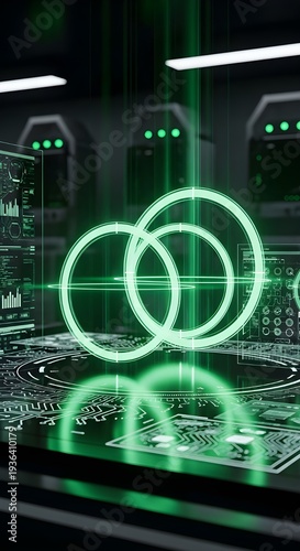 Futuristic Data Processing and Network Connectivity Abstract with Interlocking Rings and Circuit Board Elements