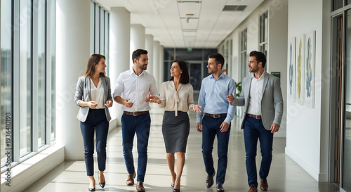 A group of office colleagues walking together down a brightly lit modern office corridor