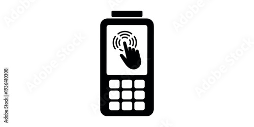 Black payment terminal with hand and waves on screen in white background