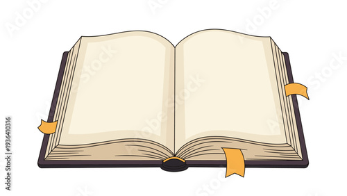 Large open book with several orange ribbon bookmarks placed between its pages stands ready for a deep reading.