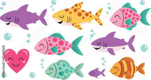 Cute Ocean Fish And Shark Cartoon Set Colorful Sea Animals Bubbles Heart Underwater Vector Illustration Collection