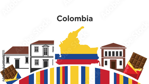 Colombia travel illustration includes a map of the country, historic colonial houses, and delicious chocolate.