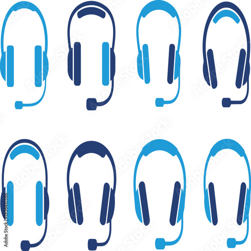Realistic high quality headset wired or wireless, collection of eight different blue headphone icons different styles and sound wave patterns,Vector 