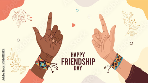 Two hands with different skin tones wearing friendship bracelets celebrate Happy Friendship Day together.